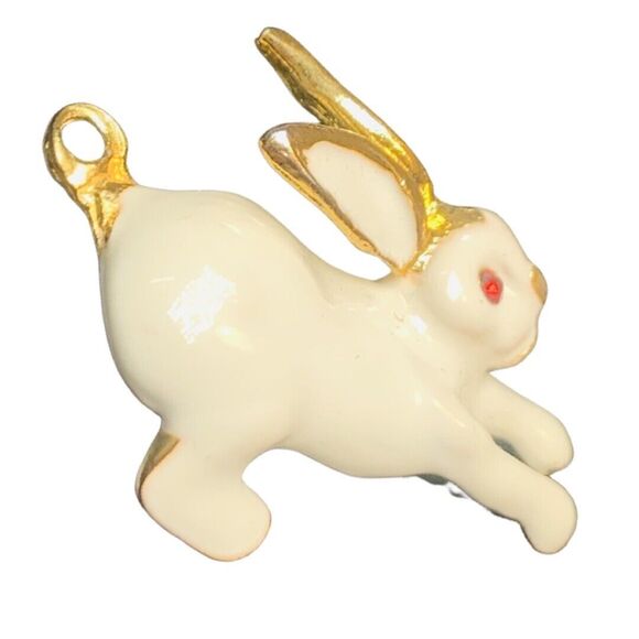 White Bunny Rabbit Pendant Brooch 1.5" red Eyes Gold Tone Whimsical Vintage - Picture 4 of 10